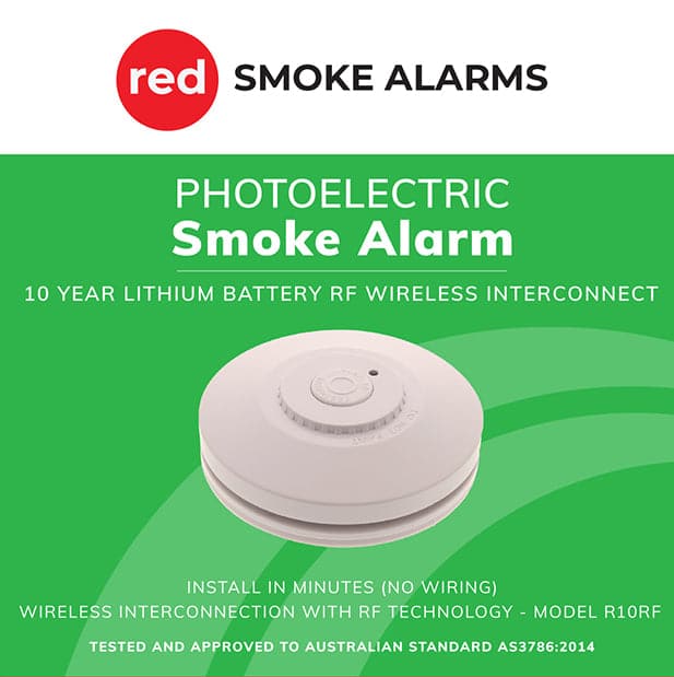 Red 10-year, wireless, interconnected smoke alarm. Product package. MiFire Australia