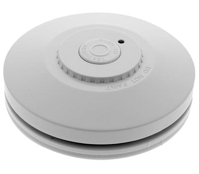 Red 10-year, wireless, interconnected smoke alarm on white background. MiFire Australia