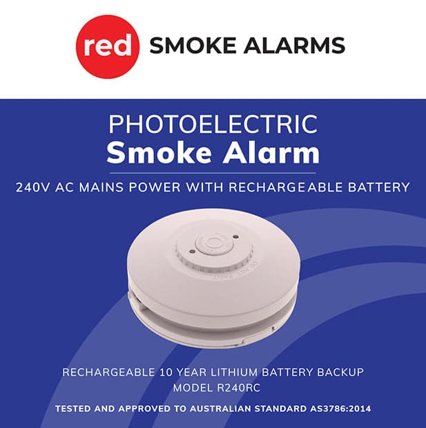 Red 240v PE smoke alarm with rechargeable battery product package. MiFire Australia
