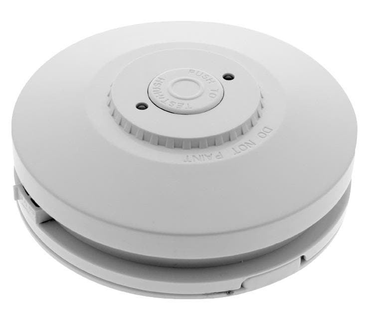 Red 240v PE smoke alarm with rechargeable battery on white background. MiFire Australia