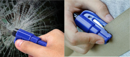 MiFire Glass breaker seatbelt cutter.  Shows tool in use.  MiFire Australia