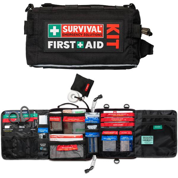 SURVIVAL boat/ vehicle first aid kit showing internal layout. Black outer bag.  MiFire Australia