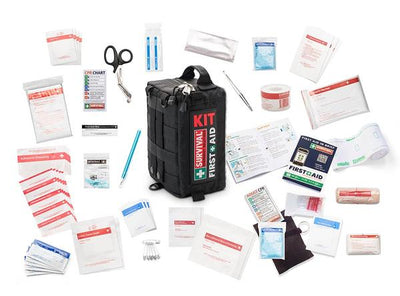 SURVIVAL Boat/ vehicle first aid kit showing contents. Black outer bag.  MiFire Australia