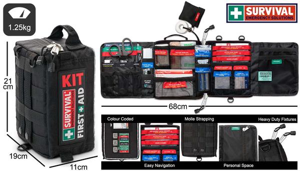SURVIVAL home first aid kit showing layout and dimensions. outer bag.  MiFire Australia