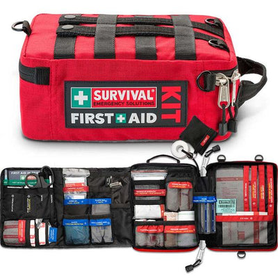 SURVIVAL workplace first aid kit showing internal layout. Red outer bag.  MiFire Australia