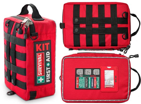 SURVIVAL home first aid kit showing different angles. Red outer bag.  MiFire Australia