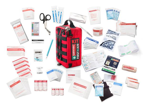 SURVIVAL workplace first aid kit showing contents. Red outer bag.  MiFire Australia