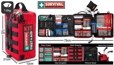 SURVIVAL home first aid kit showing contents and dimensions. Red outer bag.  MiFire Australia