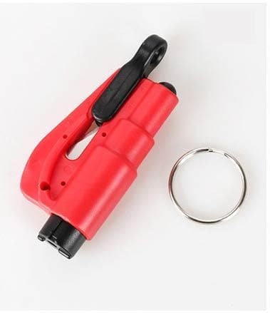 Red MiFire Glass breaker seatbelt cutter with key ring.  Side view.  MiFire Australia